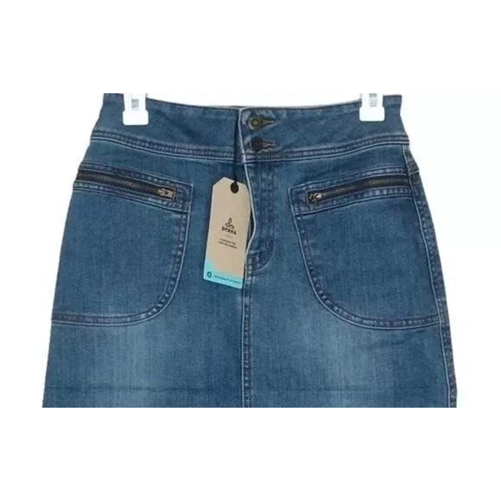 NWT prAna Broadway Denim Mini Jean Skirt Zipper Patch Pockets 2 True Blue #3232 - Picture 3 of 14